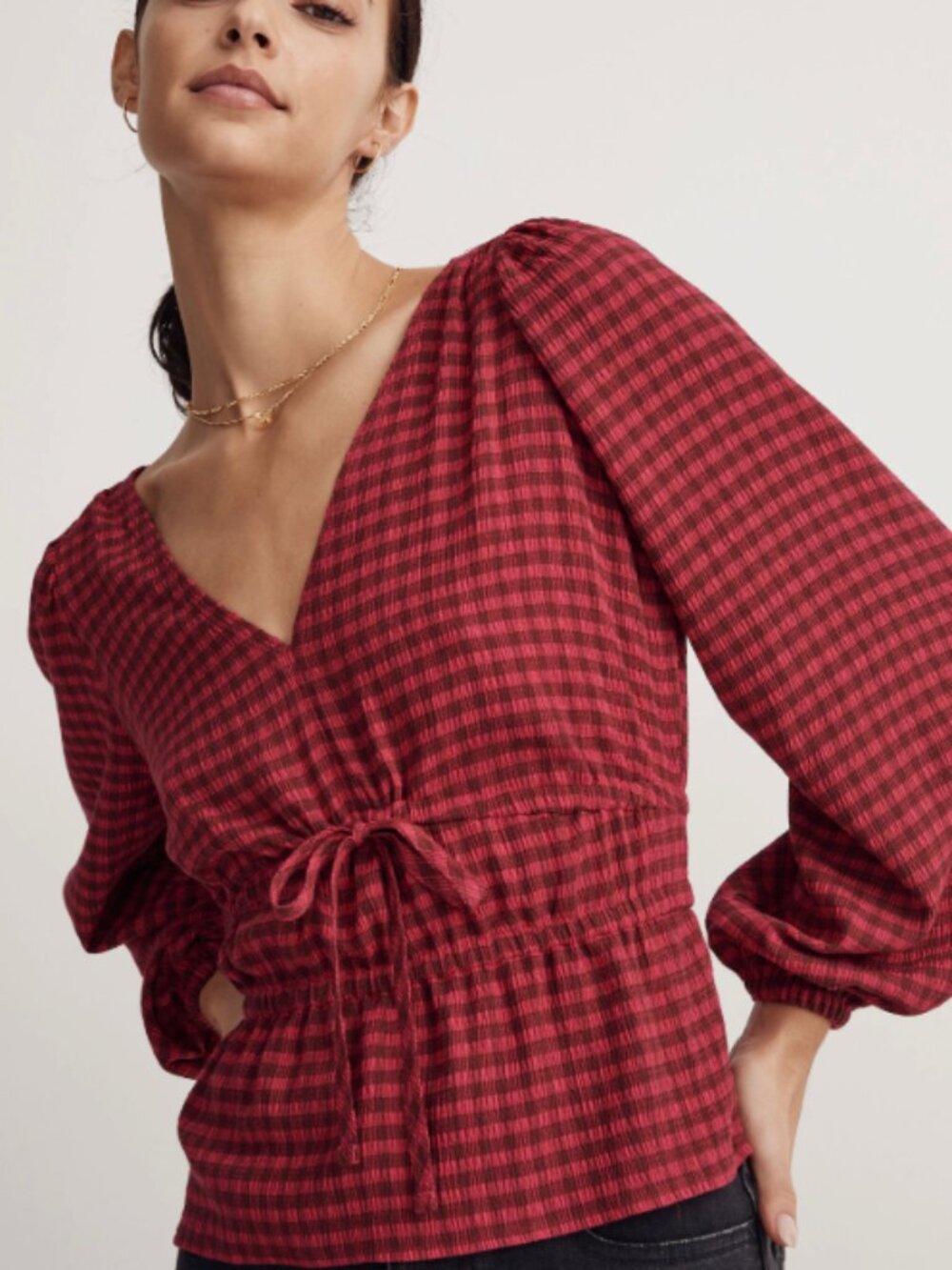 Madewell Crinkled V-Neck Peplum Top in Plaid